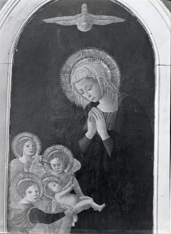 Anonimo — Pseudo Pier Francesco Fiorentino - sec. XV - Madonna in adorazione del Bambino con san Giovannino, angeli e colomba dello Spirito Santo — insieme